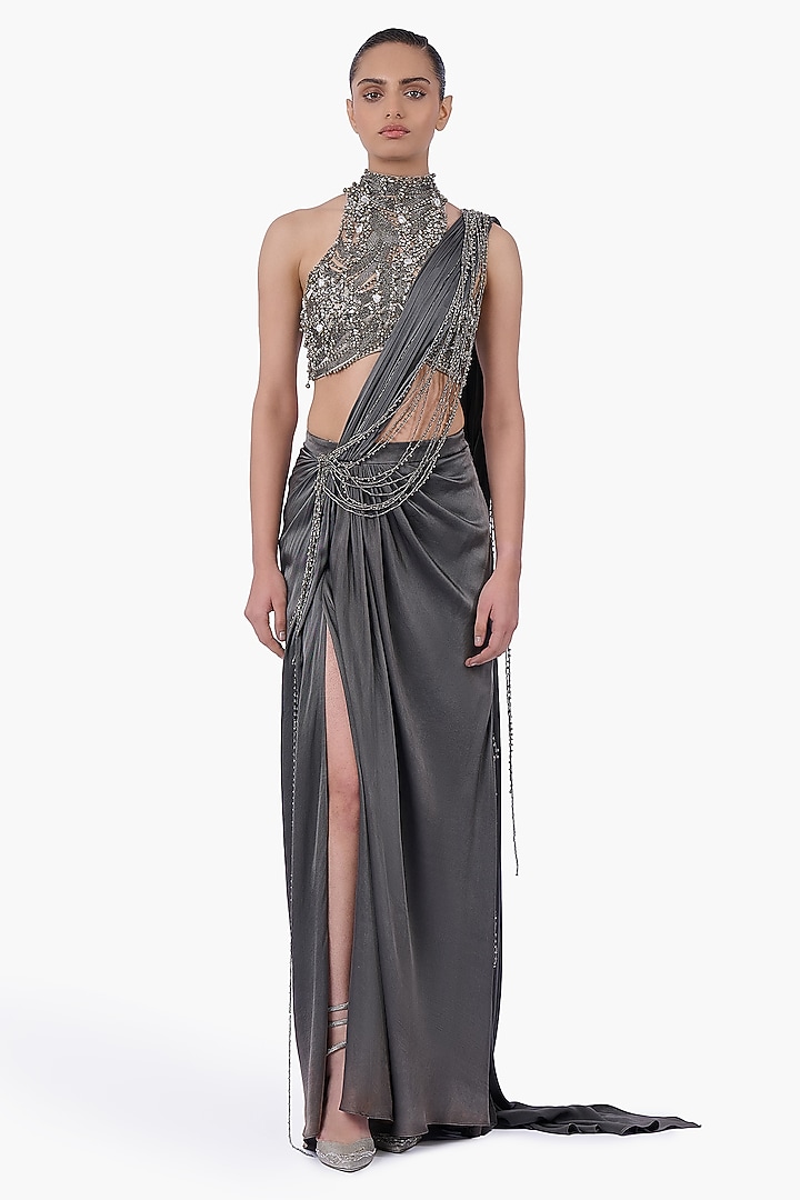Ivy Grey Satin Draped Bridal Saree Set by Gaurav Gupta at Pernia's Pop Up Shop