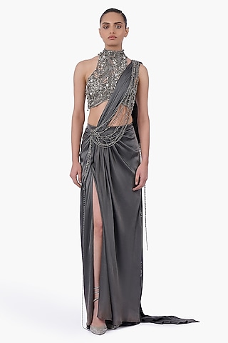Ivy Grey Satin Draped Saree Set by Gaurav Gupta