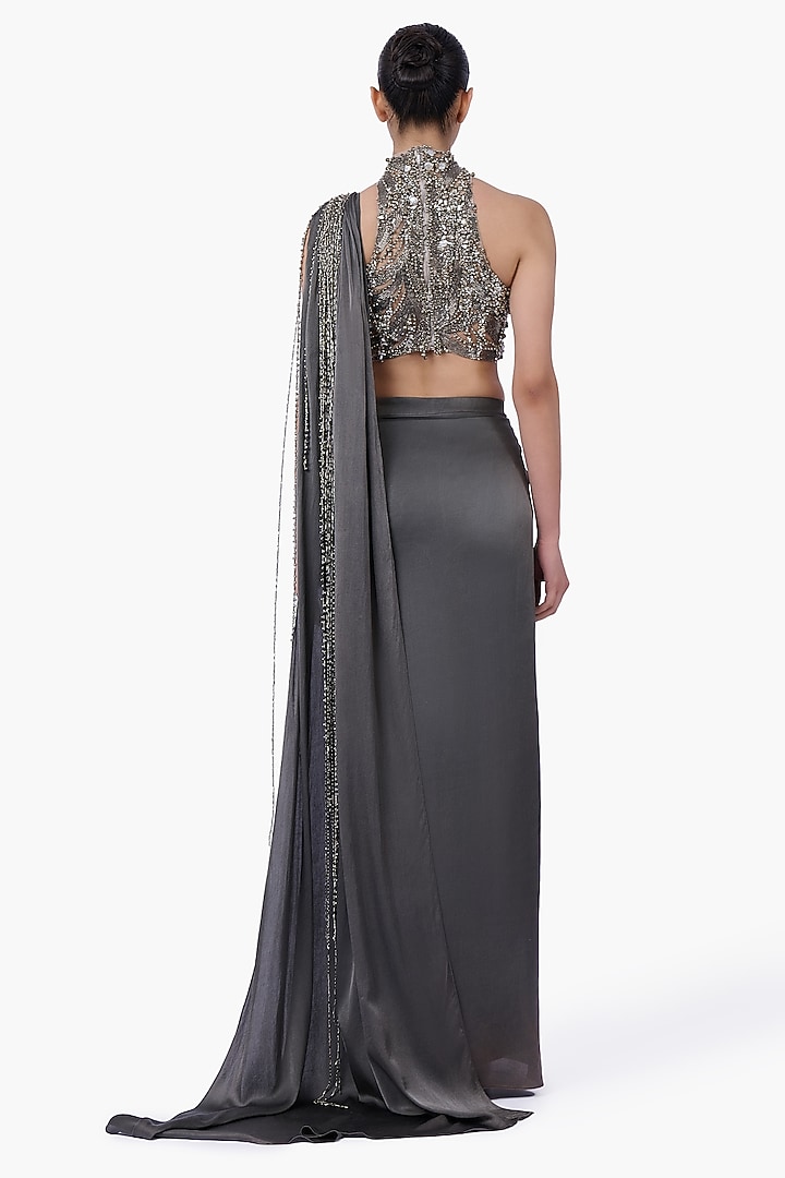 Ivy Grey Satin Draped Bridal Saree Set by Gaurav Gupta at Pernia's Pop Up Shop