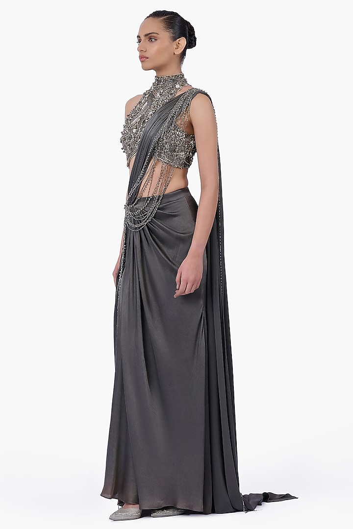 Ivy Grey Satin Draped Bridal Saree Set by Gaurav Gupta at Pernia's Pop Up Shop