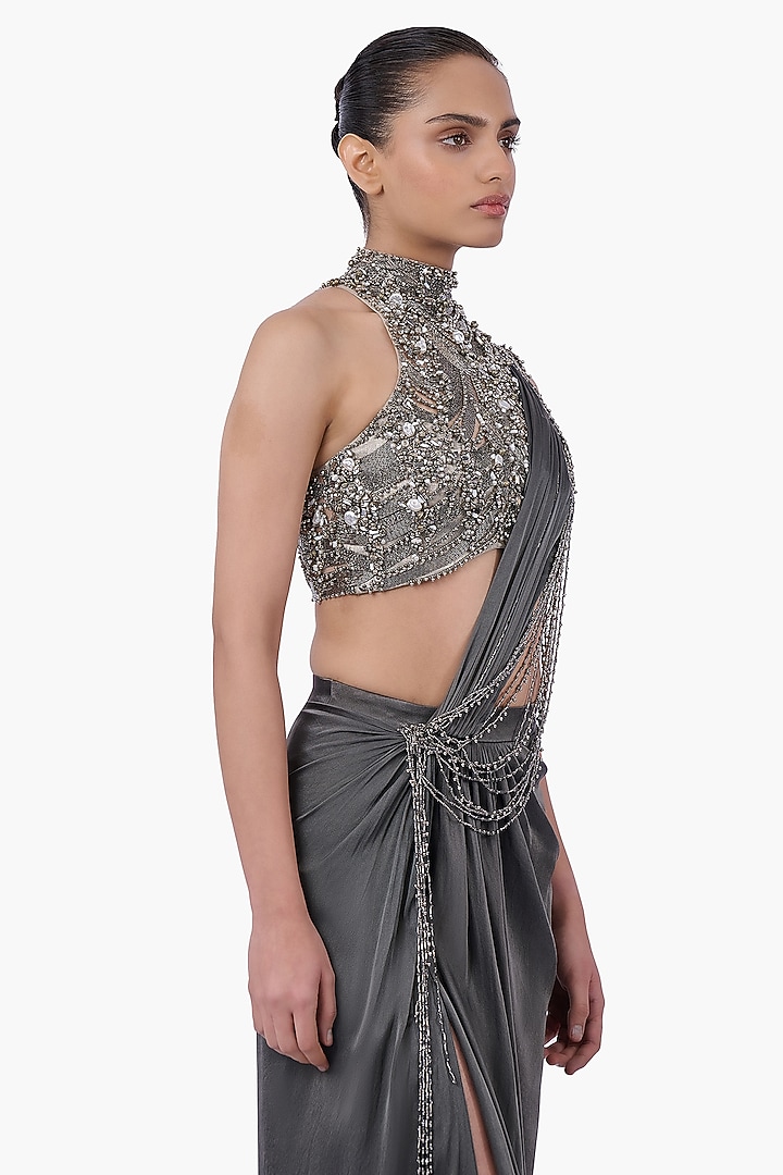 Ivy Grey Satin Draped Bridal Saree Set by Gaurav Gupta at Pernia's Pop Up Shop