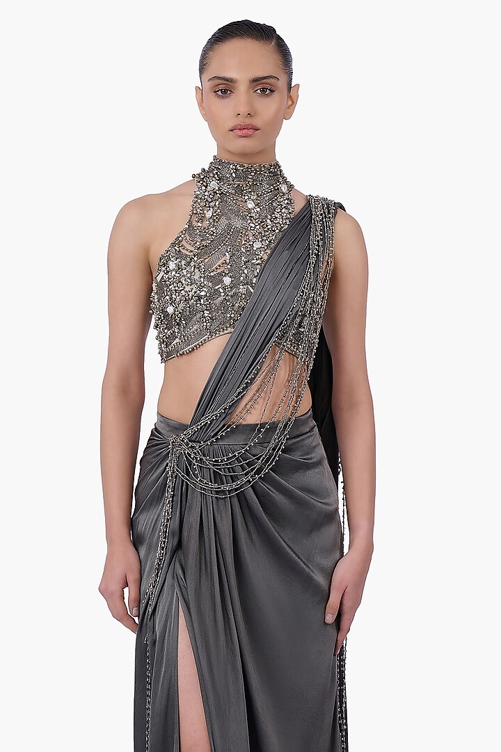 Ivy Grey Satin Draped Bridal Saree Set by Gaurav Gupta at Pernia's Pop Up Shop