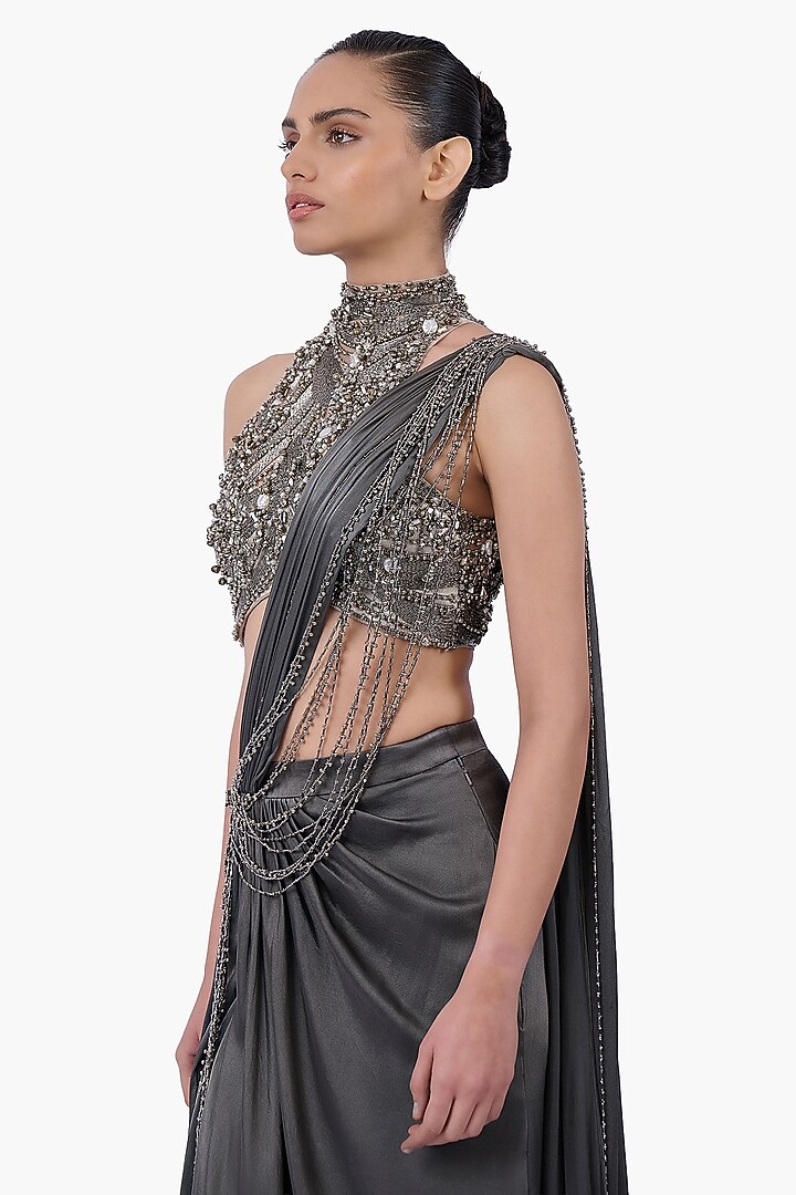 Ivy Grey Satin Draped Bridal Saree Set by Gaurav Gupta at Pernia's Pop Up Shop