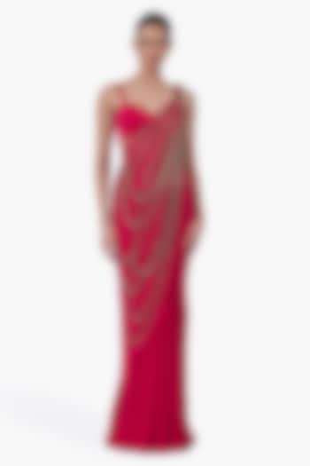 Fuchsia Georgette Chain Embellished Draped Bridal Saree Set by Gaurav Gupta at Pernia's Pop Up Shop