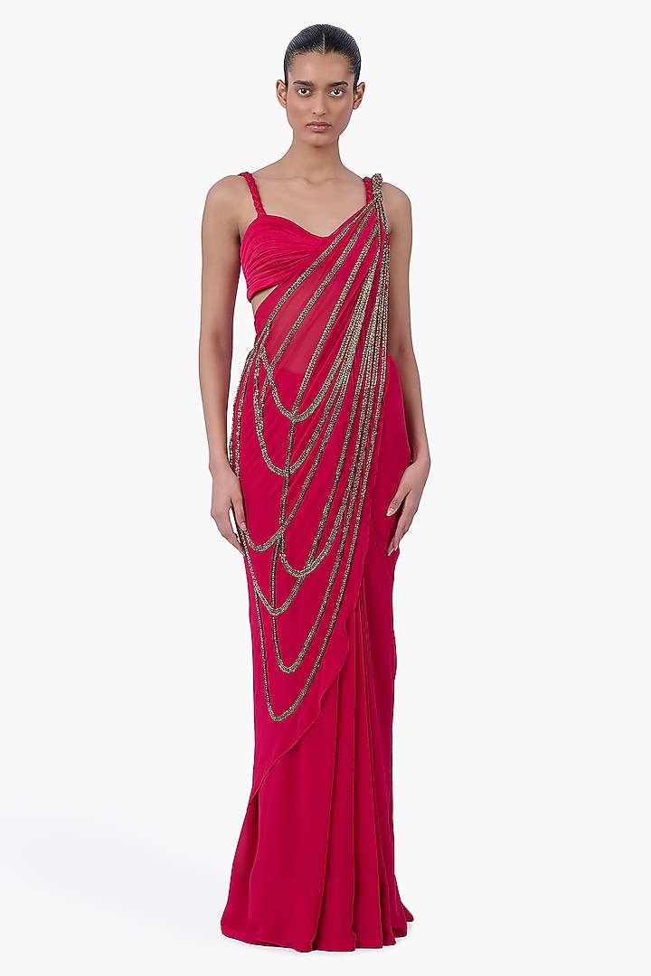 Fuchsia Georgette Chain Embellished Draped Bridal Saree Set by Gaurav Gupta at Pernia's Pop Up Shop