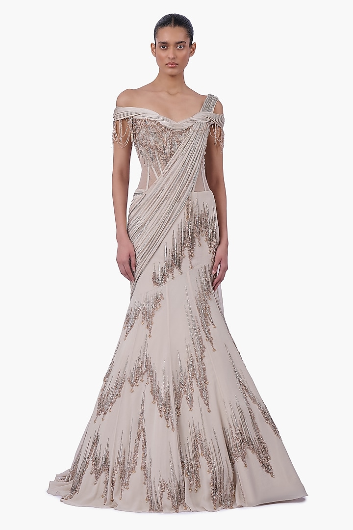 Sage Gold Georgette & Net Draped Bridal Lehenga Saree Set by Gaurav Gupta at Pernia's Pop Up Shop