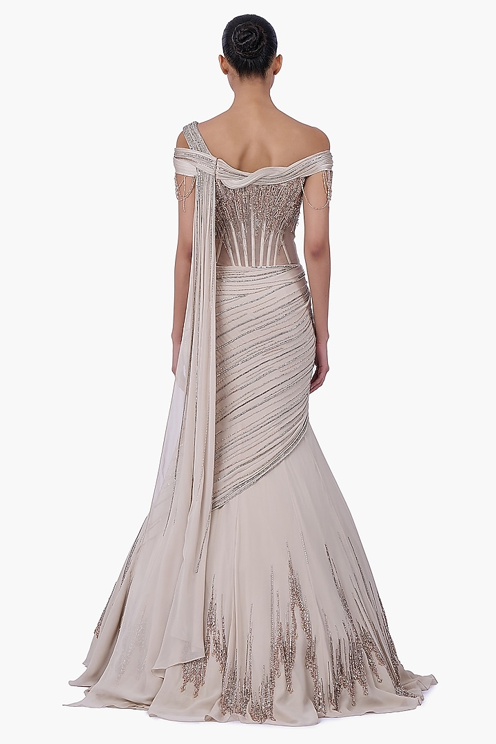 Sage Gold Georgette & Net Draped Bridal Lehenga Saree Set by Gaurav Gupta at Pernia's Pop Up Shop
