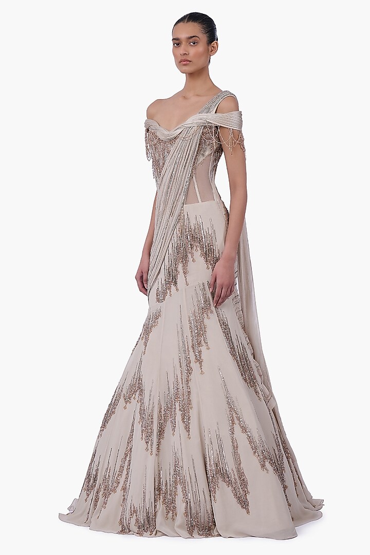 Sage Gold Georgette & Net Draped Bridal Lehenga Saree Set by Gaurav Gupta at Pernia's Pop Up Shop