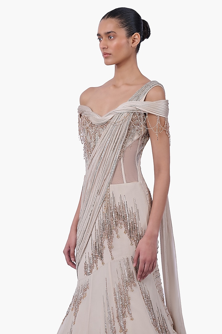 Sage Gold Georgette & Net Draped Bridal Lehenga Saree Set by Gaurav Gupta at Pernia's Pop Up Shop