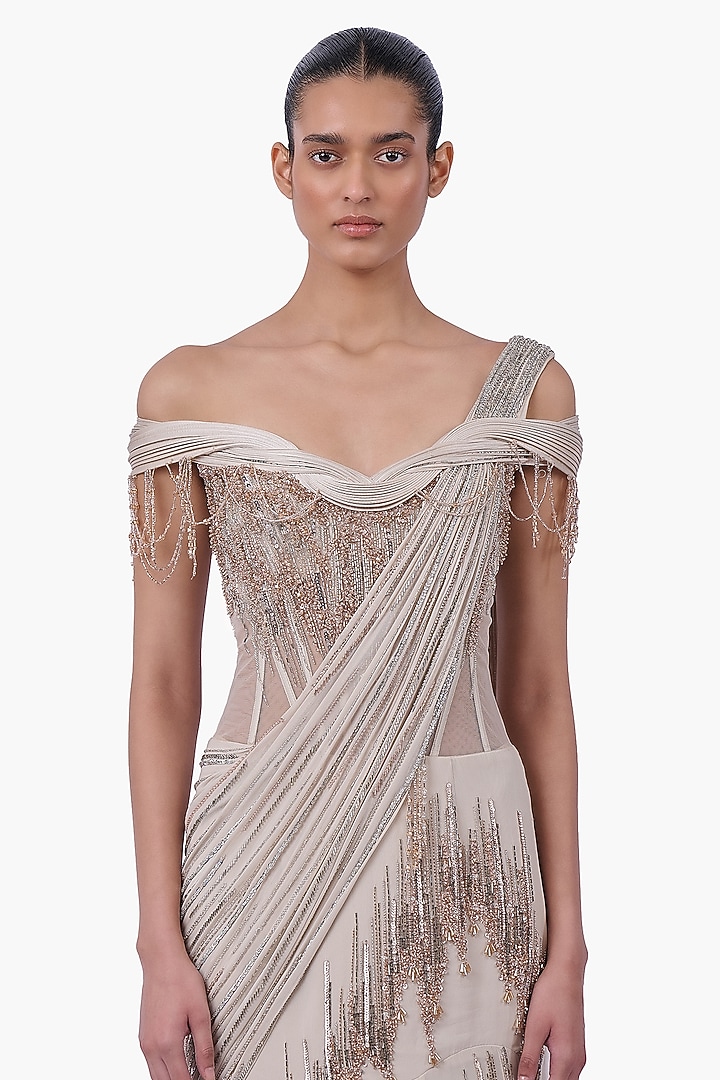 Sage Gold Georgette & Net Draped Bridal Lehenga Saree Set by Gaurav Gupta at Pernia's Pop Up Shop