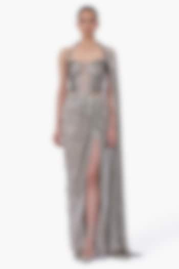 Silver Sequins Draped Skirt Bridal Saree Set by Gaurav Gupta at Pernia's Pop Up Shop