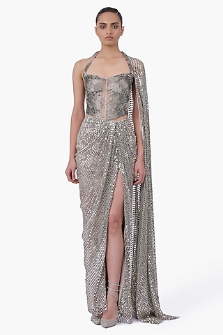 Silver Sequins Draped Skirt Saree Set by Gaurav Gupta