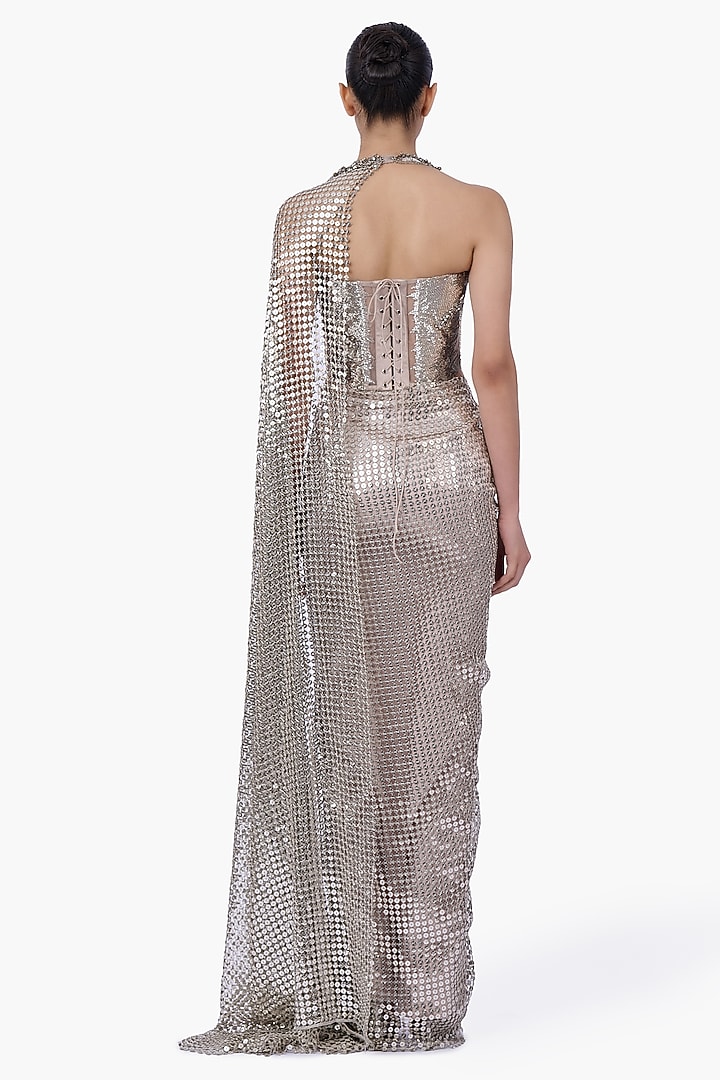 Silver Sequins Draped Skirt Bridal Saree Set by Gaurav Gupta at Pernia's Pop Up Shop