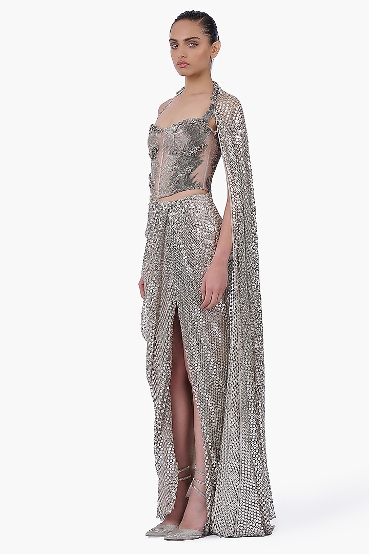 Silver Sequins Draped Skirt Bridal Saree Set by Gaurav Gupta at Pernia's Pop Up Shop