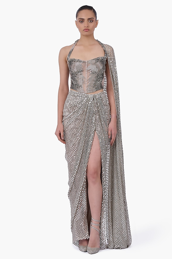 Silver Sequins Draped Skirt Bridal Saree Set by Gaurav Gupta at Pernia's Pop Up Shop