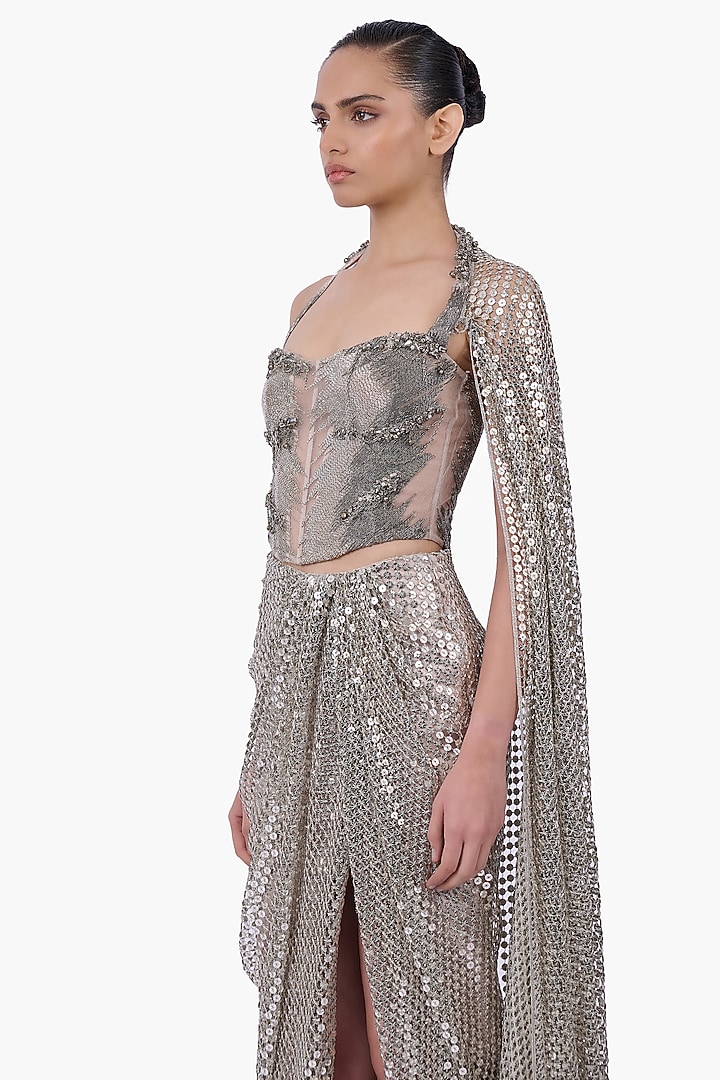 Silver Sequins Draped Skirt Bridal Saree Set by Gaurav Gupta at Pernia's Pop Up Shop
