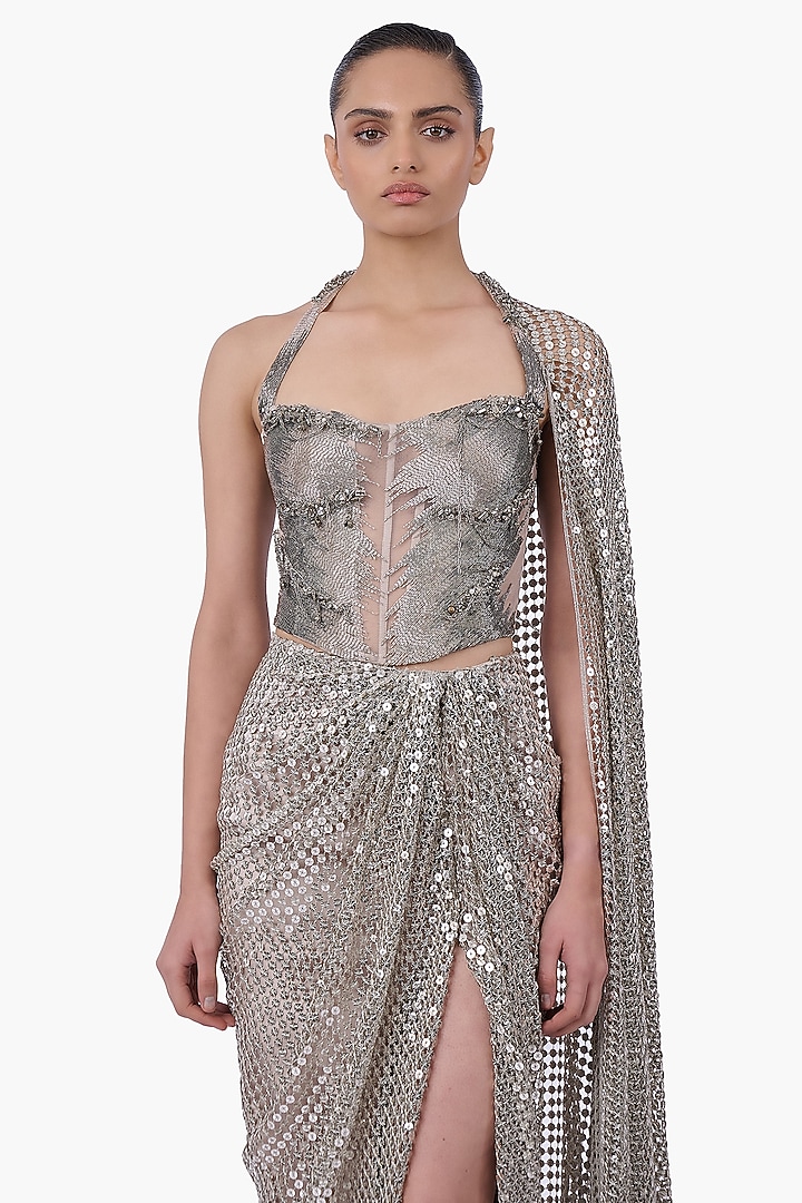 Silver Sequins Draped Skirt Bridal Saree Set by Gaurav Gupta at Pernia's Pop Up Shop