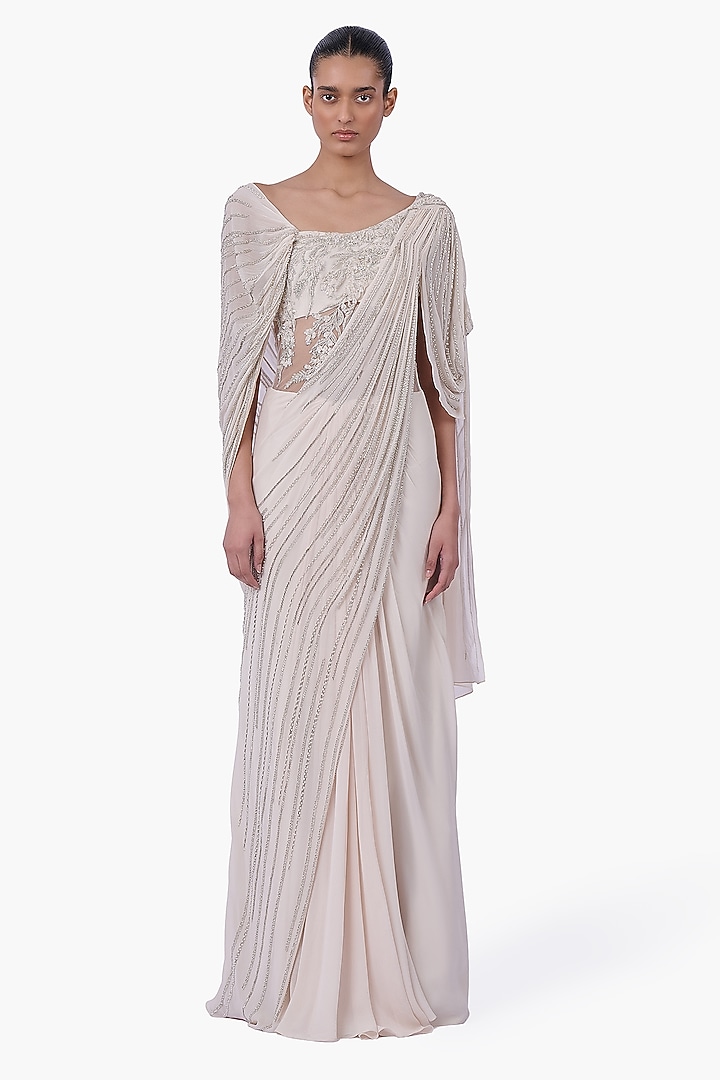 Ecru Georgette Embellished Draped Bridal Gown Saree by Gaurav Gupta at Pernia's Pop Up Shop