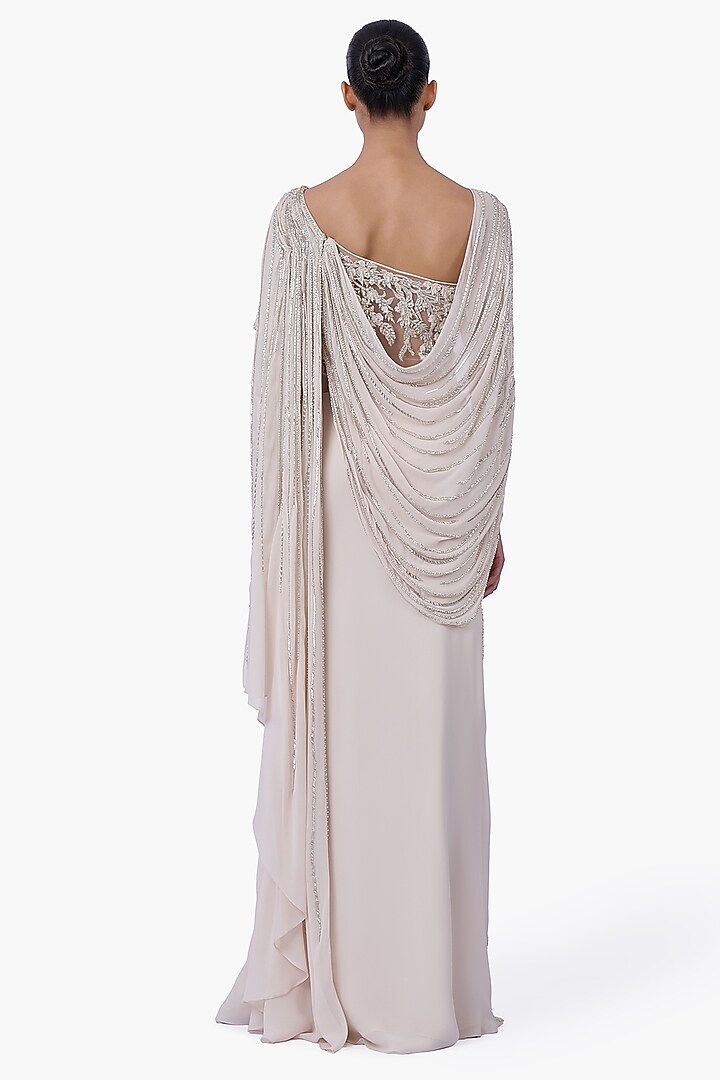 Ecru Georgette Embellished Draped Bridal Gown Saree by Gaurav Gupta at Pernia's Pop Up Shop