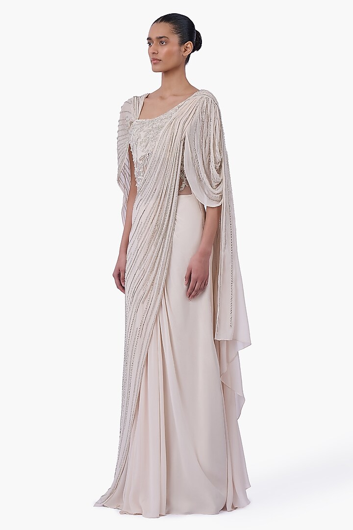 Ecru Georgette Embellished Draped Bridal Gown Saree by Gaurav Gupta at Pernia's Pop Up Shop