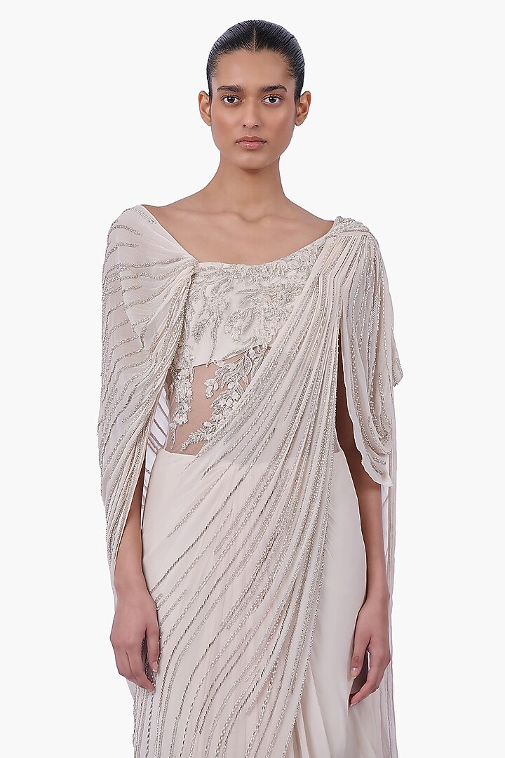 Ecru Georgette Embellished Draped Bridal Gown Saree by Gaurav Gupta at Pernia's Pop Up Shop