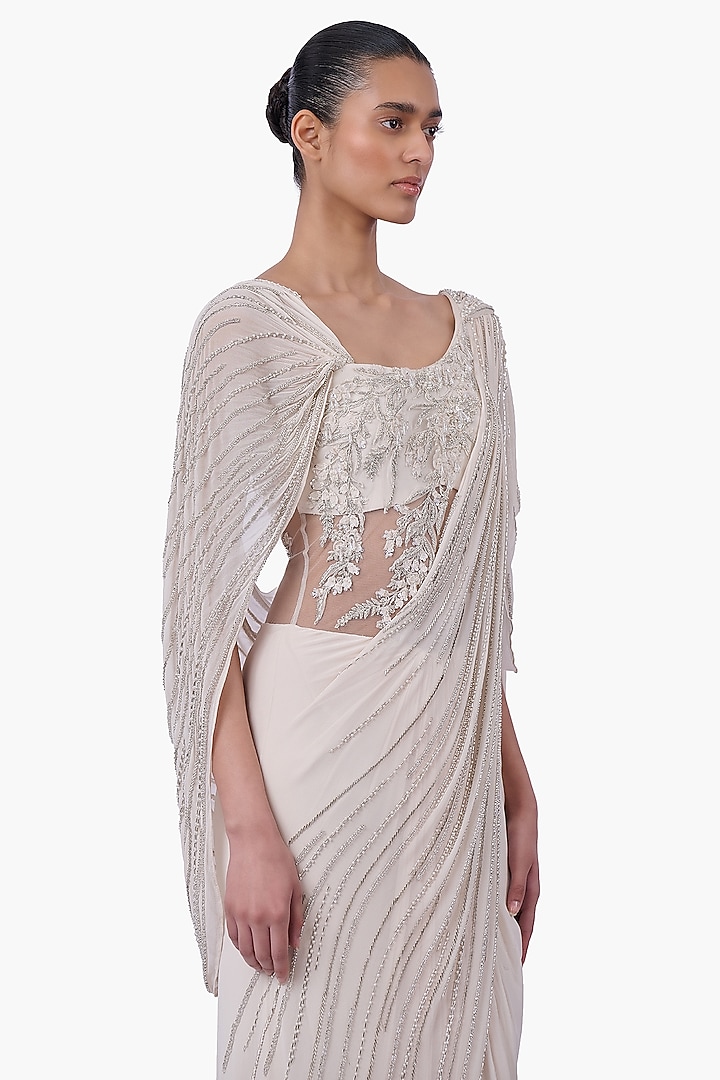 Ecru Georgette Embellished Draped Bridal Gown Saree by Gaurav Gupta at Pernia's Pop Up Shop