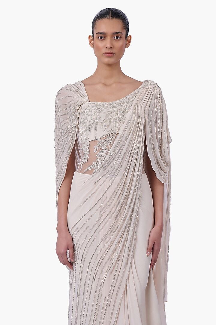 Ecru Georgette Embellished Draped Bridal Gown Saree by Gaurav Gupta at Pernia's Pop Up Shop