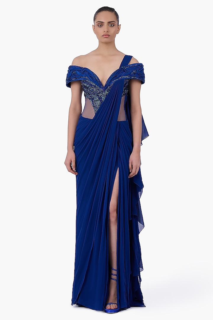Royal Blue Georgette & Net Bridal Gown Saree  by Gaurav Gupta at Pernia's Pop Up Shop