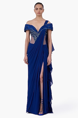 Royal Blue Georgette & Net Gown Saree  by Gaurav Gupta
