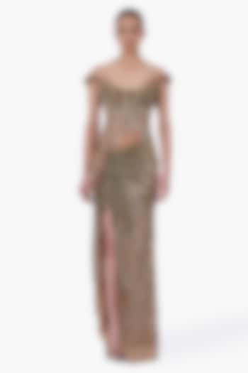 Antique Gold Net Embellished Structured Draped Bridal Gown by Gaurav Gupta at Pernia's Pop Up Shop