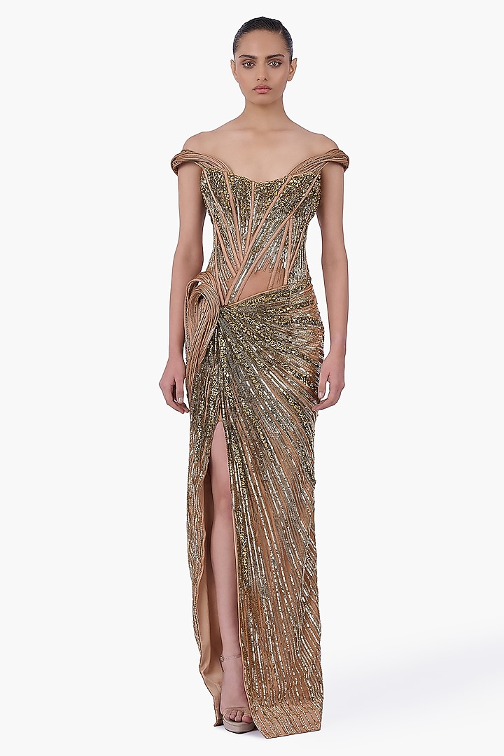 Antique Gold Net Embellished Structured Draped Bridal Gown by Gaurav Gupta at Pernia's Pop Up Shop