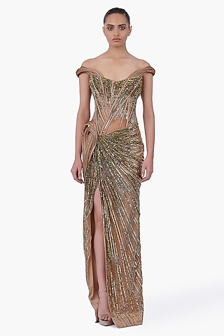 Antique Gold Net Embellished Structured Draped Gown by Gaurav Gupta