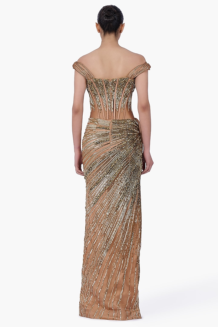 Antique Gold Net Embellished Structured Draped Bridal Gown by Gaurav Gupta at Pernia's Pop Up Shop