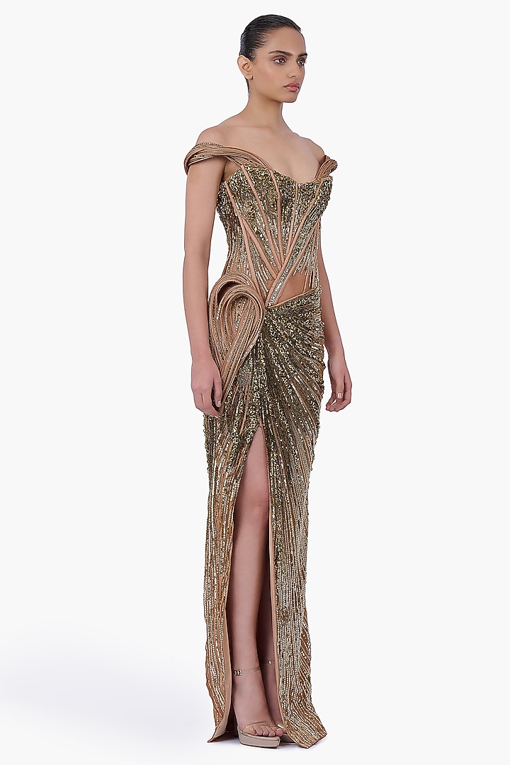 Antique Gold Net Embellished Structured Draped Bridal Gown by Gaurav Gupta at Pernia's Pop Up Shop