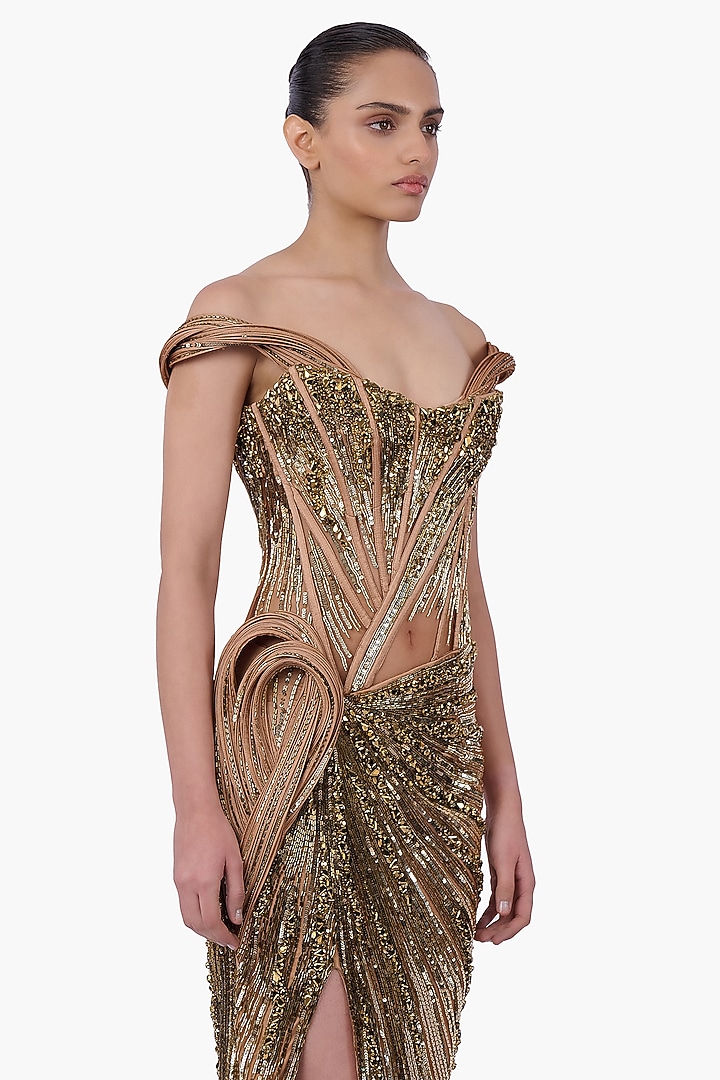 Antique Gold Net Embellished Structured Draped Bridal Gown by Gaurav Gupta at Pernia's Pop Up Shop