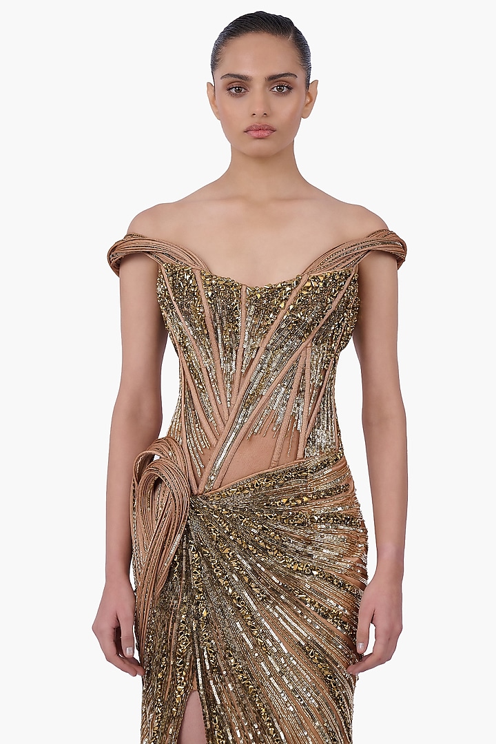 Antique Gold Net Embellished Structured Draped Bridal Gown by Gaurav Gupta at Pernia's Pop Up Shop