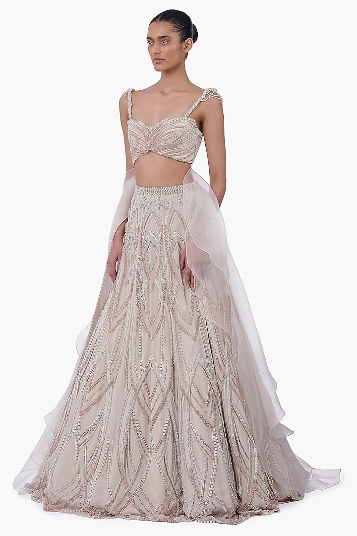 Sage Gold Georgette Embellished Bridal Lehenga Set by Gaurav Gupta at Pernia's Pop Up Shop