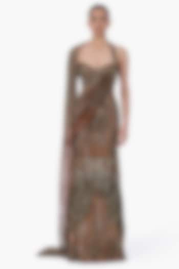 Antique Gold Net Embellished Sculpted Draped Bridal Gown Saree by Gaurav Gupta at Pernia's Pop Up Shop