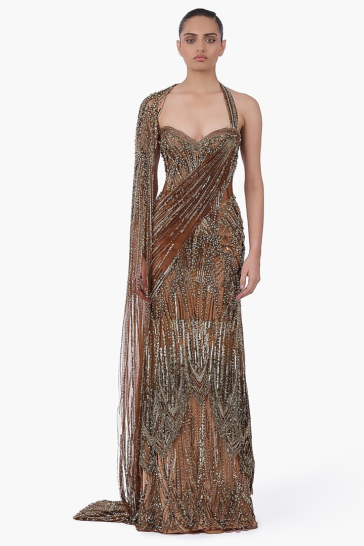 Antique Gold Net Embellished Sculpted Draped Bridal Gown Saree by Gaurav Gupta at Pernia's Pop Up Shop