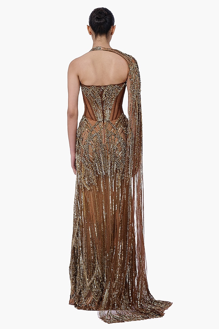 Antique Gold Net Embellished Sculpted Draped Bridal Gown Saree by Gaurav Gupta at Pernia's Pop Up Shop