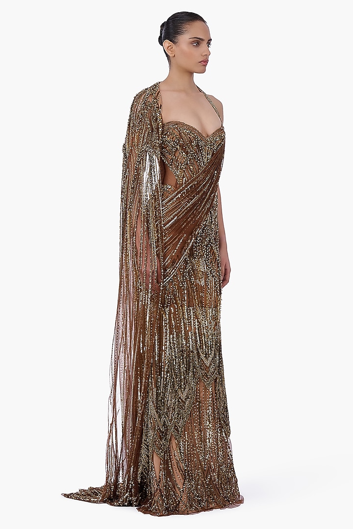 Antique Gold Net Embellished Sculpted Draped Bridal Gown Saree by Gaurav Gupta at Pernia's Pop Up Shop