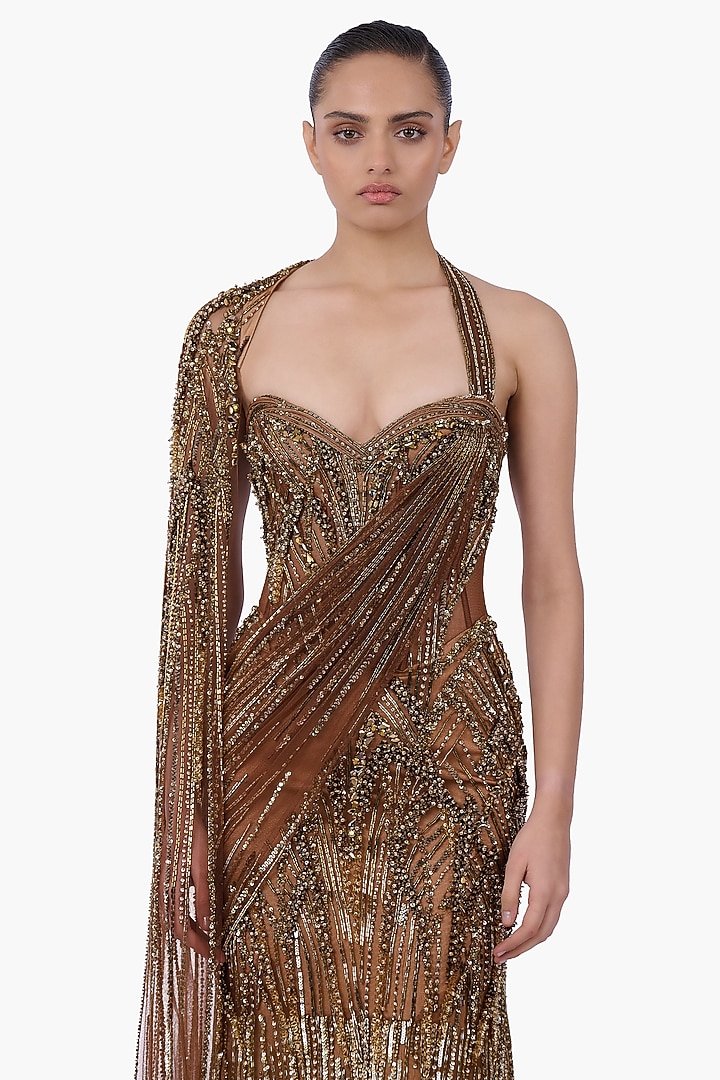 Antique Gold Net Embellished Sculpted Draped Bridal Gown Saree by Gaurav Gupta at Pernia's Pop Up Shop