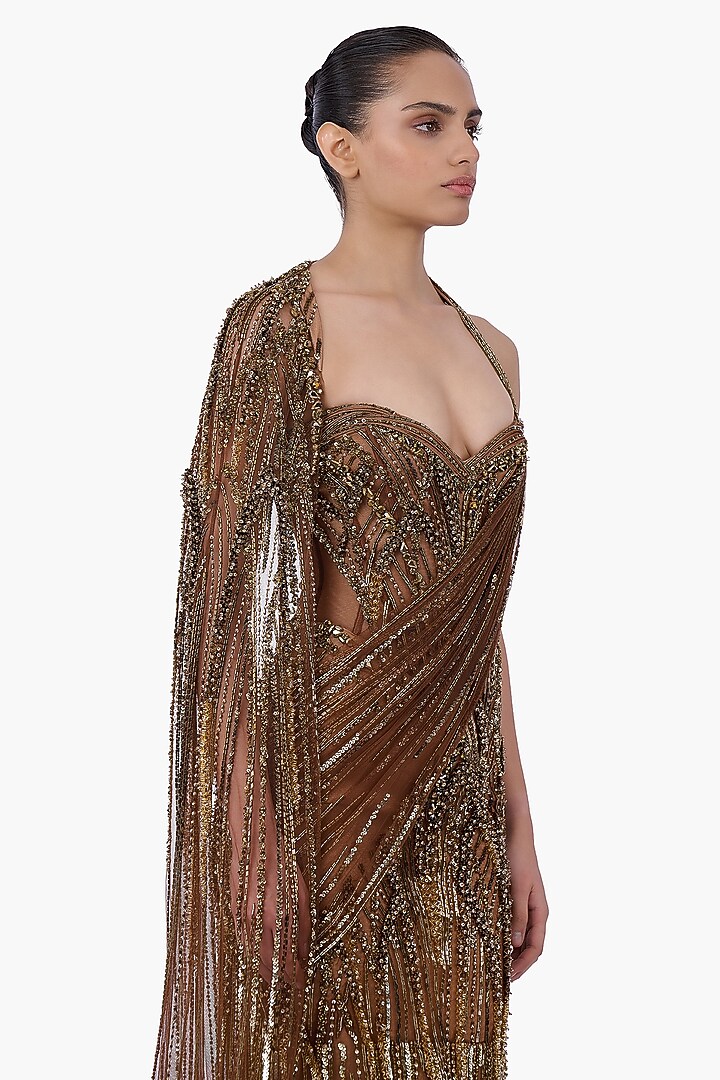 Antique Gold Net Embellished Sculpted Draped Bridal Gown Saree by Gaurav Gupta at Pernia's Pop Up Shop