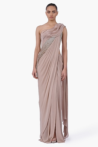 Light Champagne Chiffon Draped Gown Saree by Gaurav Gupta