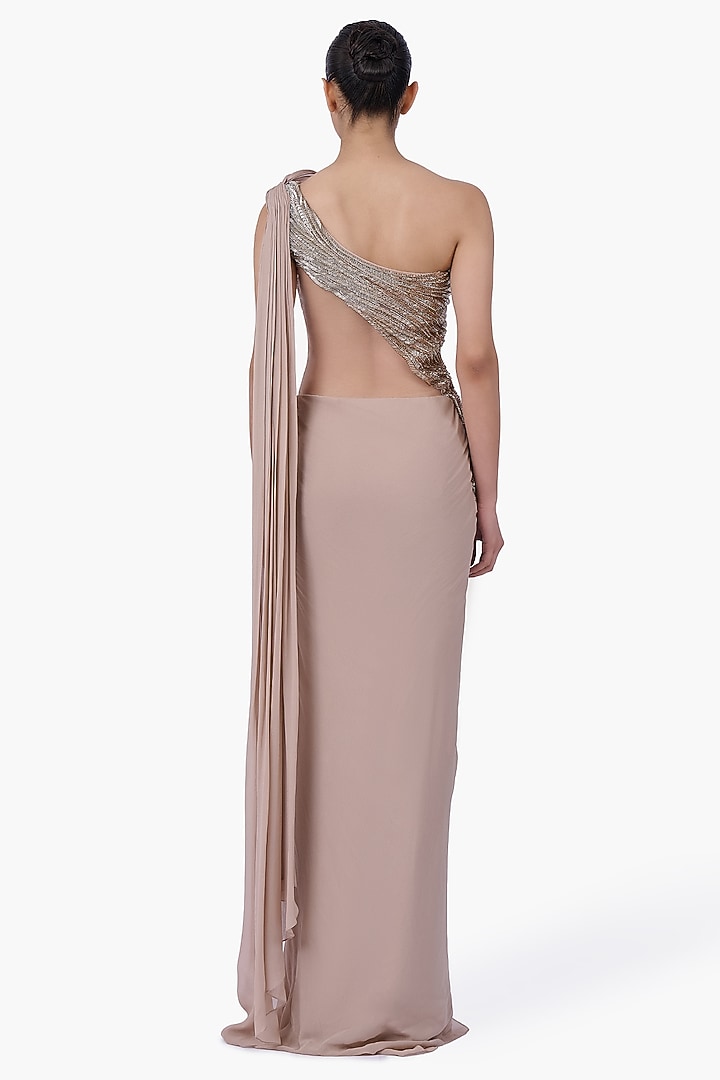 Light Champagne Chiffon Draped Bridal Gown Saree by Gaurav Gupta at Pernia's Pop Up Shop