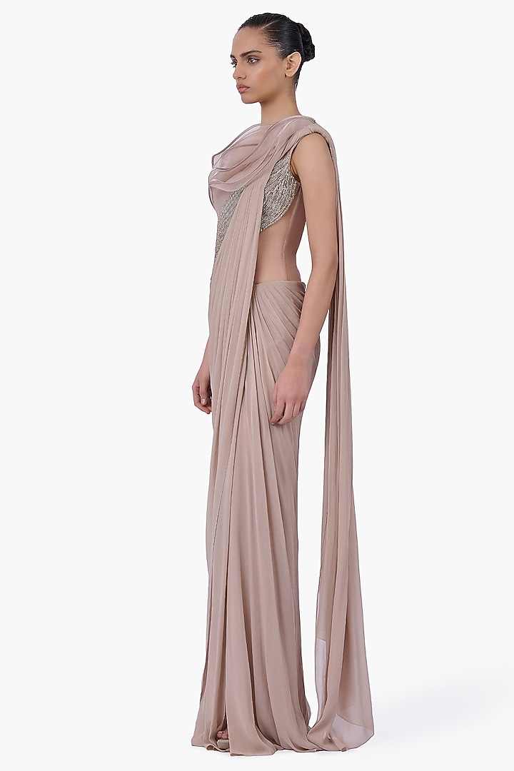 Light Champagne Chiffon Draped Bridal Gown Saree by Gaurav Gupta at Pernia's Pop Up Shop