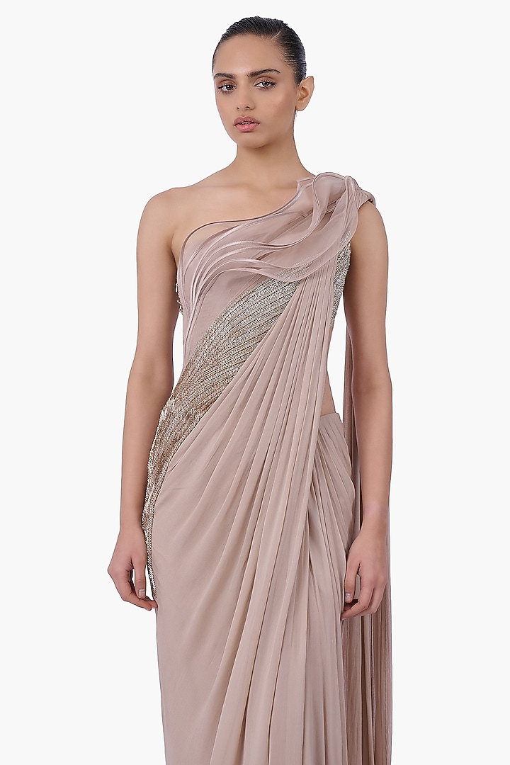 Light Champagne Chiffon Draped Bridal Gown Saree by Gaurav Gupta at Pernia's Pop Up Shop