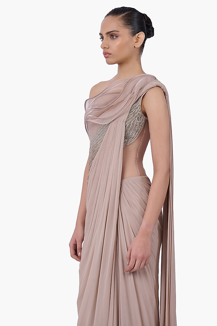 Light Champagne Chiffon Draped Bridal Gown Saree by Gaurav Gupta at Pernia's Pop Up Shop