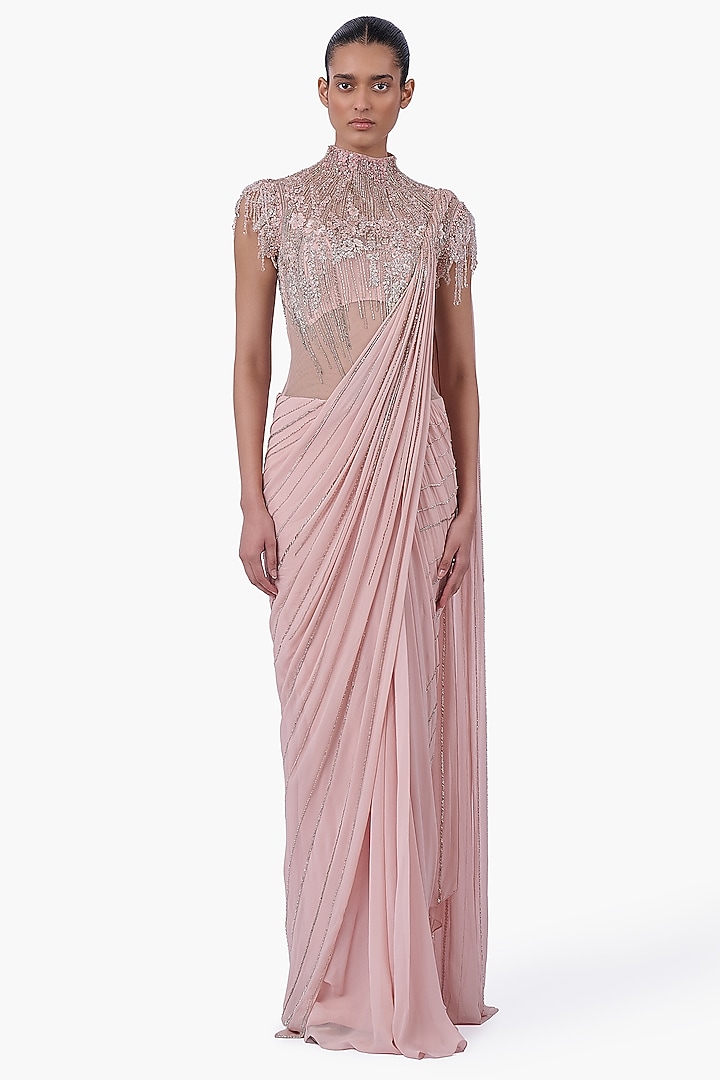 Blush Pink Georgette Embroidered Draped Bridal Gown Saree by Gaurav Gupta at Pernia's Pop Up Shop