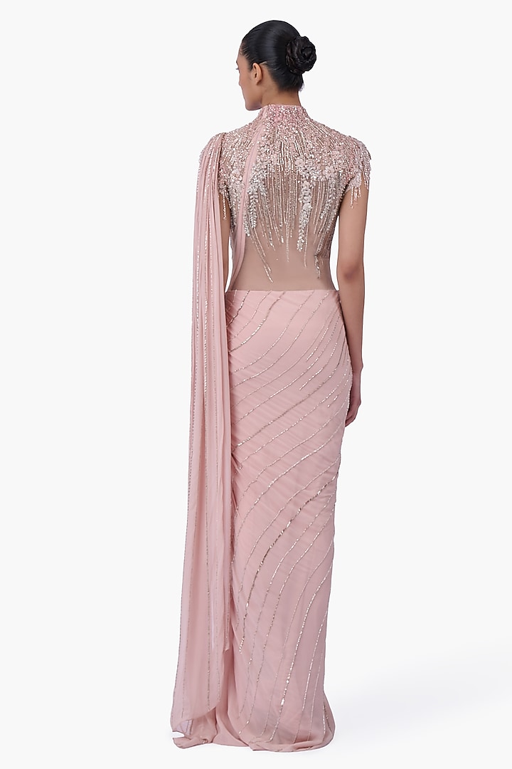 Blush Pink Georgette Embroidered Draped Bridal Gown Saree by Gaurav Gupta at Pernia's Pop Up Shop
